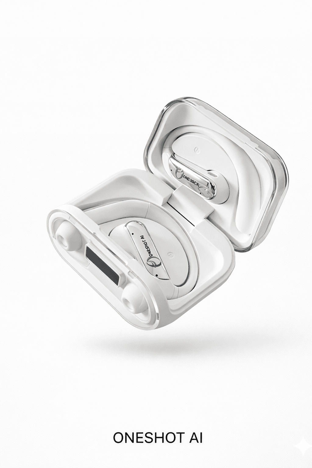OneShot AI white earbuds in open charging case